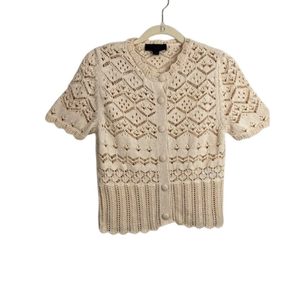Zara-Short Sleeve Pointelle Cardigan Round Neck Front Button Down